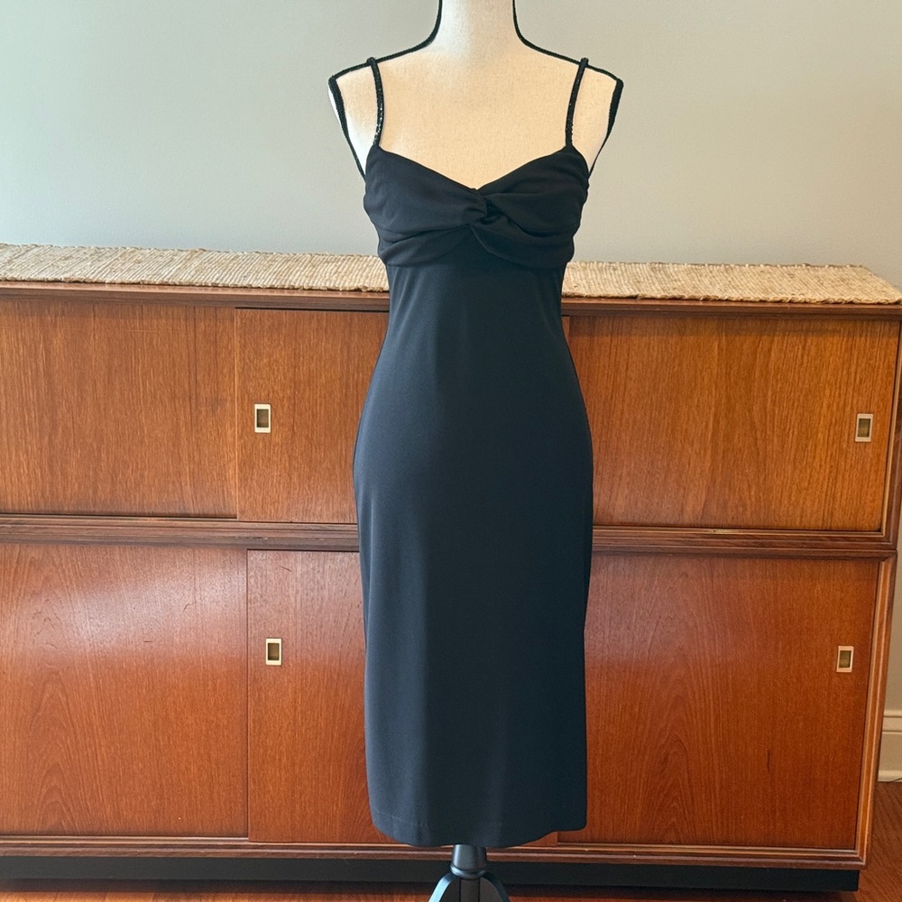 London Times Black Midi Cocktail Dress with Knot Detail and Beaded Straps Size 4